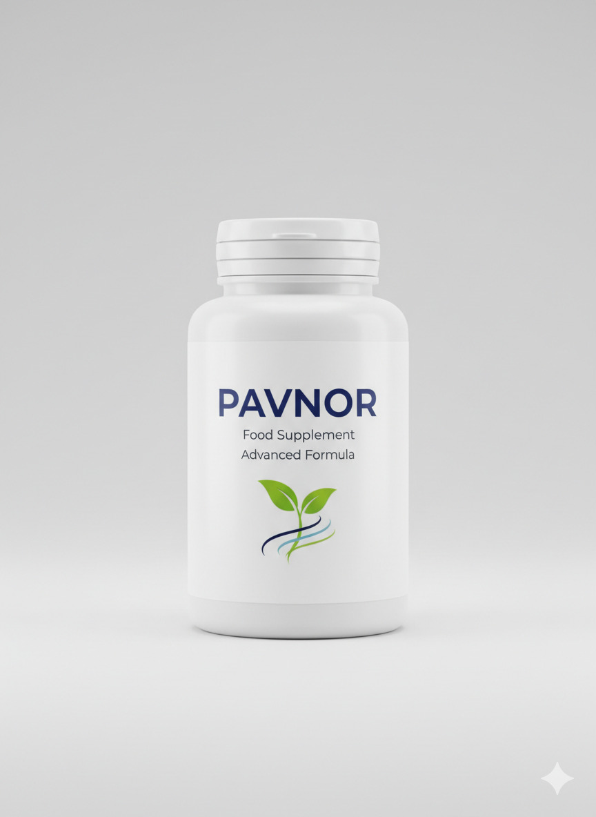 Pavnor food supplement bottle and cap on a neutral background